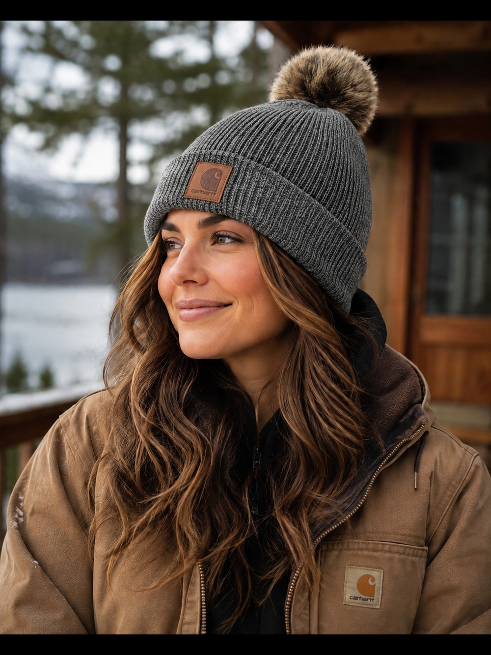 Carhartt Women’s Fleece Lined Faux Fur Pom Beanie Charcoal Gray 104401 OS